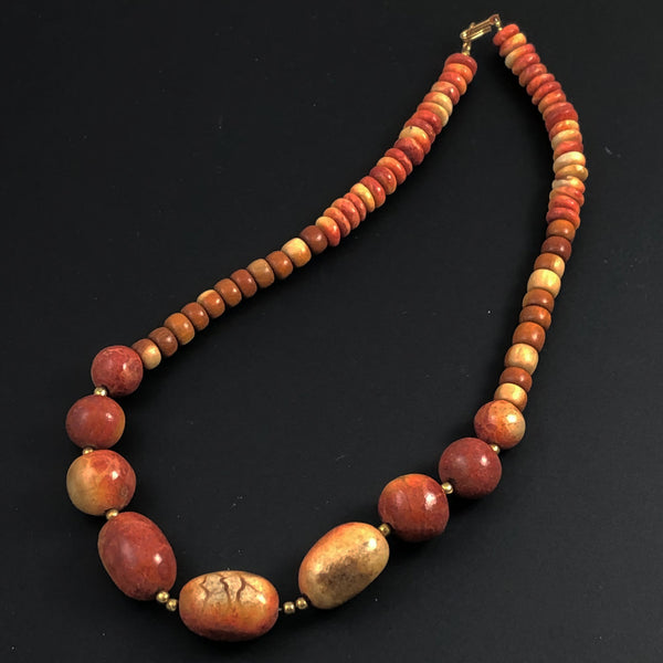 Simple Mid Century Vintage Necklace, Apple Red Beads & Goldtone