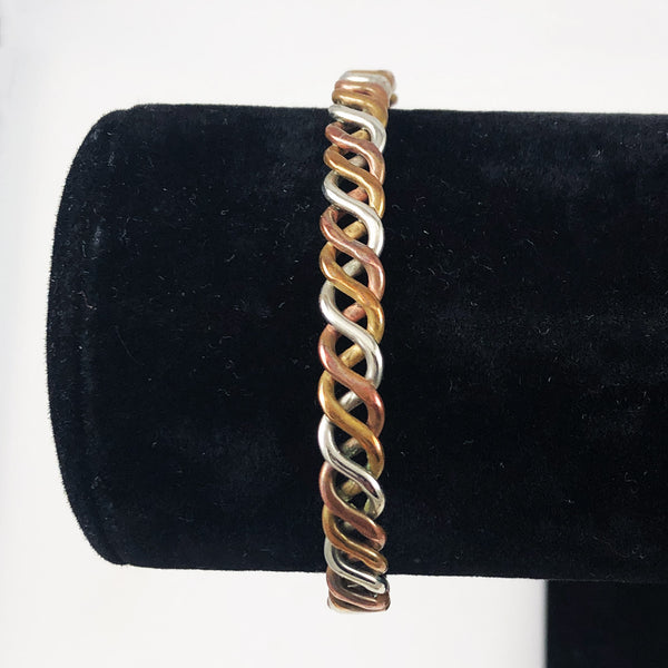 Mixed Metal Copper Cuff Bracelet, top Braided Copper with Brass Stud Accents