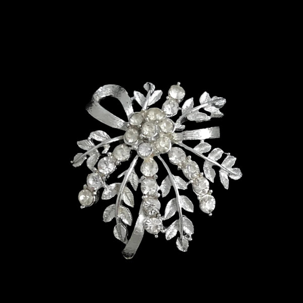 Vintage Beautiful Sparkling Pink White Crystals CZ Leaf Leaves Floral Design shops Brooch Sterling Silver 925 BB 1359