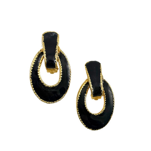 black enamel gold clip on earrings