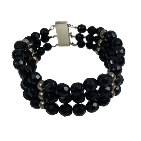 Triple Row Black Glass & Sterling Bracelet