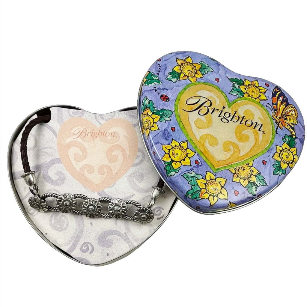 Brighton Silver & Leather Floral Choker Heart Tin