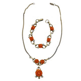 Carved Coral Celluloid Rose Necklace Bracelet Set Vintage