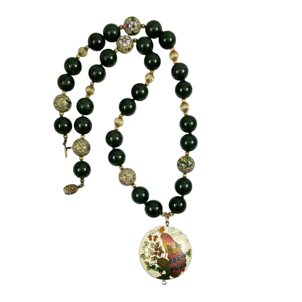 Green Jade & Cloisonne Beaded Necklace Vintage Chinese