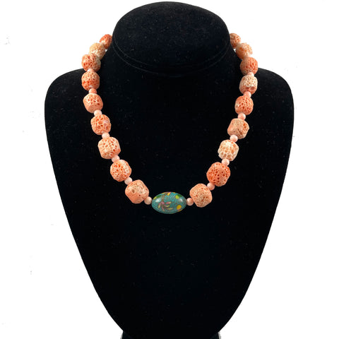 Pink Coral & Cloisonne Vintage Necklace