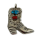 Sterling Silver Cowboy Boot Pendant Coral & Turquoise