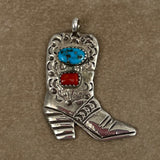 Sterling Silver Cowboy Boot Pendant Coral & Turquoise