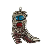 Sterling Silver Cowboy Boot Pendant Coral & Turquoise