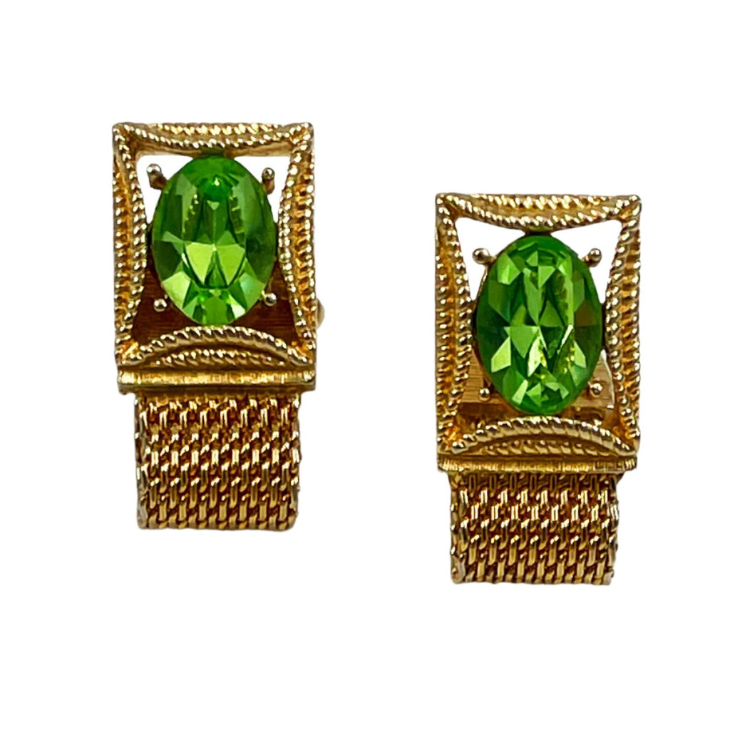 Peridot Green Rhinestone Fold Over Cufflinks 1970's