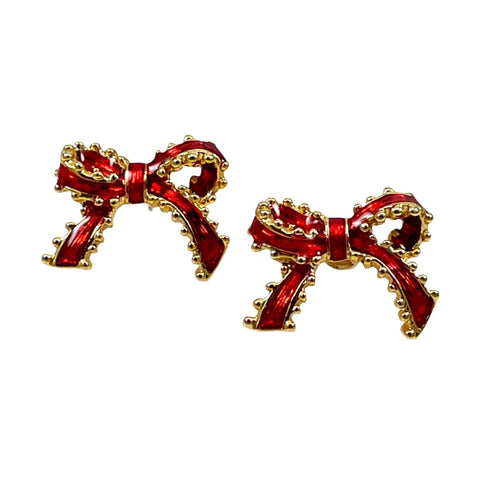 Red Enamel Bow Holiday Christmas Earrings Vintage