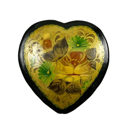 Russian Hand Painted Lacquer Heart Brooch