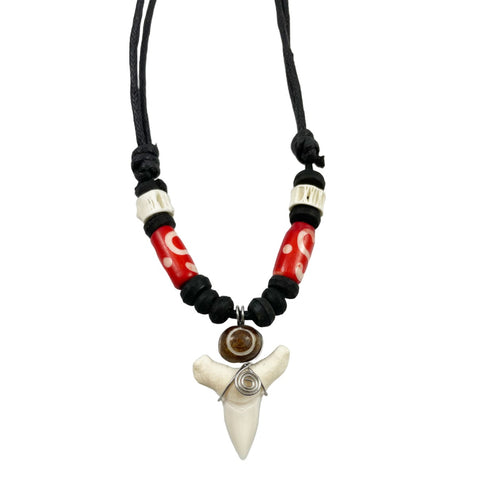 Shark Tooth & Bone Necklace Black Cord Surfer Hawaiian