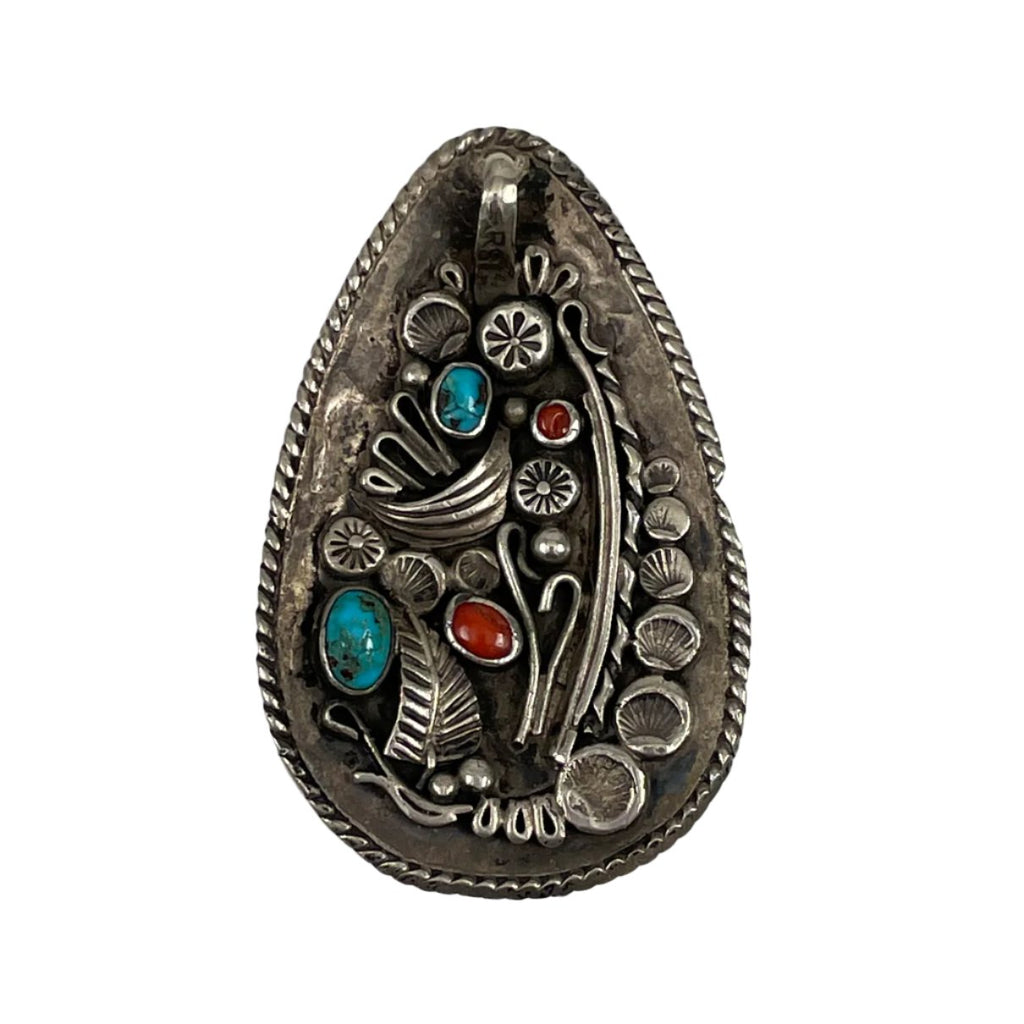 Old Pawn Hopi Sterling Turquoise & Coral Pendant