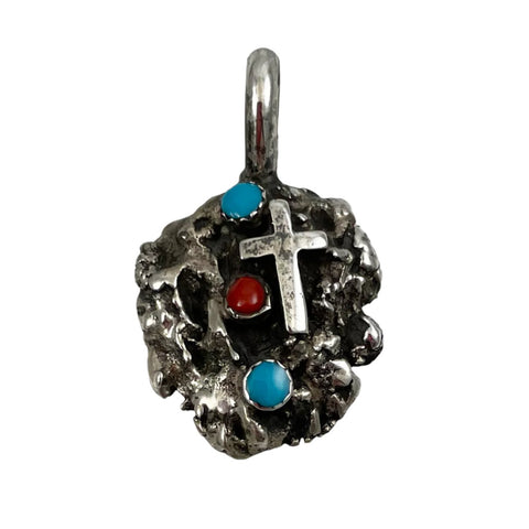 Sterling Turquoise & Coral Cross Pendant Charm