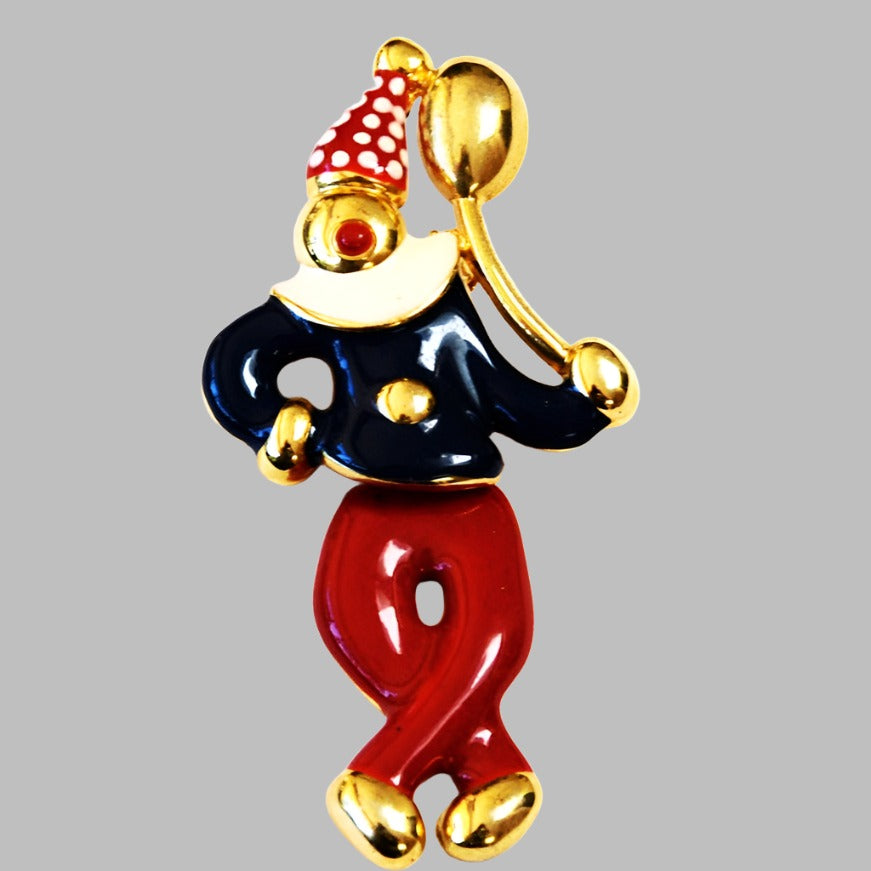 Enamel Red White and Blue Clown Brooch Moveable