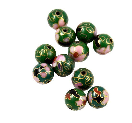 Cloisonne Green Round Beads Vintage Chinese