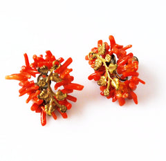 Orange Branch Coral Earrings with Gilt Leaves