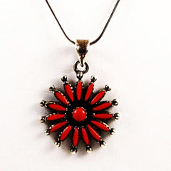Zuni Red Coral Needlepoint Sterling Necklace Vintage